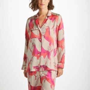 Derek Rose Beige and‎ Pink Horse Print Pajama Set 100% Silk size XS